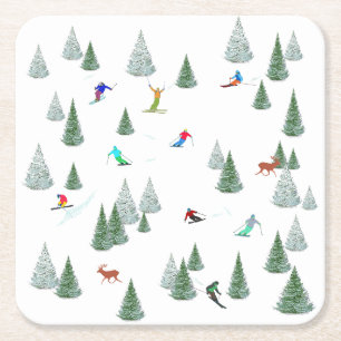 Porta-copo De Papel Quadrado Ilustração de esquiadores alpinos em downhill