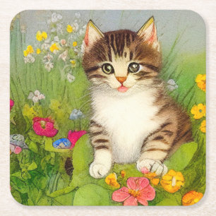 Porta-copo De Papel Quadrado Ilustração de Gato de Sorriso de Vintage