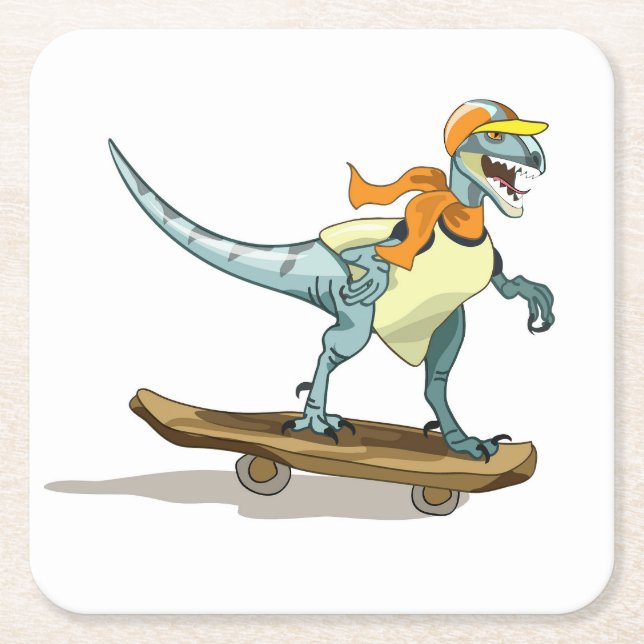 Porta-copo De Papel Quadrado Ilustração De Um Skate De Raptor. (Frente)