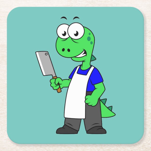 Porta-copo De Papel Quadrado Ilustração De Um Tiranossauro Rex Butcher. (Frente)