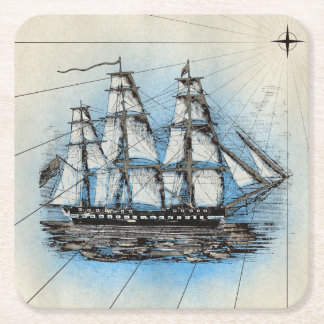 Porta-copo De Papel Quadrado Ilustração náutica do vintage alto do navio