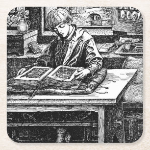 Porta-copo De Papel Quadrado Ilustração Vintage de 1914 Menino Lendo