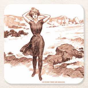 Porta-copo De Papel Quadrado Ilustração Vintage Gibson Girl Praia Sereia Banhis