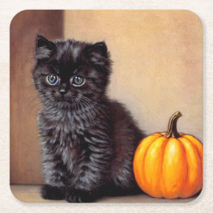 Porta-copo De Papel Quadrado Ilustração Vintage Halloween Black Kitten