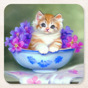 Porta-copo De Papel Quadrado Ilustração Vintage Laranja e White Kitten