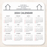 Porta-copo De Papel Quadrado Imagem do Calendário 2024 Personalizada da Empresa<br><div class="desc">Esta porta copos do calendário 2024 é personalizada com o nome da sua empresa real sob o nome do agente na tipografia quic. Este item minimalista de calendário preto e branco apresenta um desenho simples de linha de uma casa. Presente de marketing contemporâneo para um agente imobiliário trabalhando para ajudá-lo...</div>