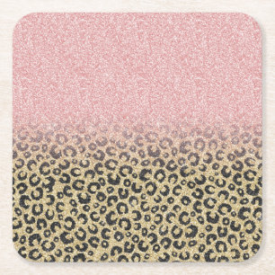 Porta-copo De Papel Quadrado Impressão de Leopardo Preto Glitter Dourado Elega