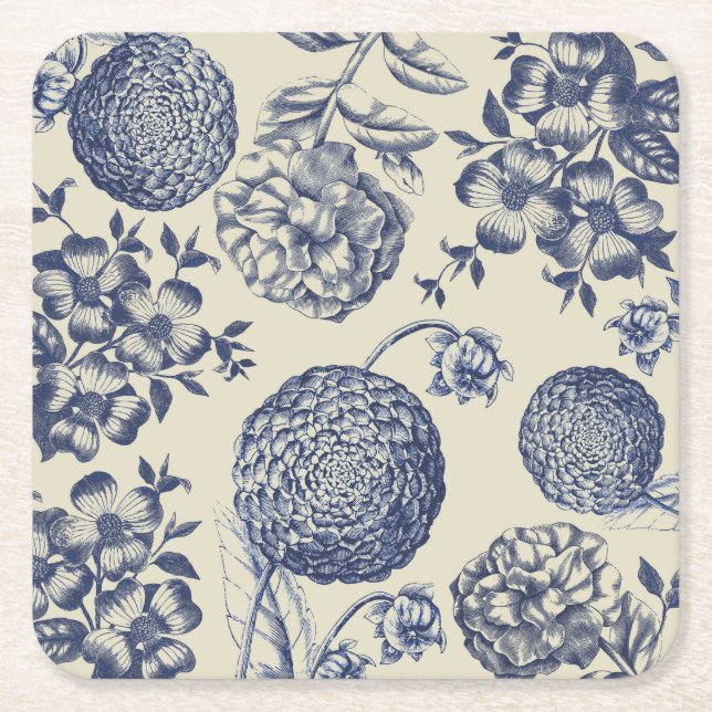 Porta-copo De Papel Quadrado Impressão Flor Azul Antiquado Floral (Frente)