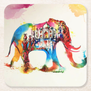 Porta-copo De Papel Quadrado Índia Elephant Viagens vintage Love Watercolor