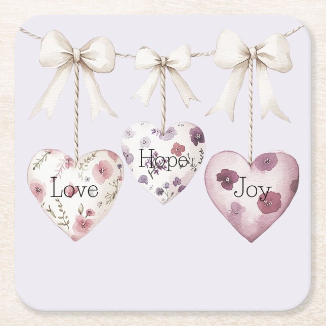 Porta-copo De Papel Quadrado Inspirational Floral Love Hope Joy Hearts Bow (Frente)