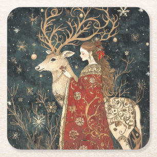 Porta-copo De Papel Quadrado Inverno Encantado: A Maiden e o Stag