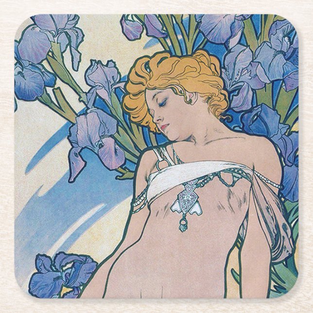 Porta-copo De Papel Quadrado Íris (Quatro Flores), Alphonse Mucha (Frente)