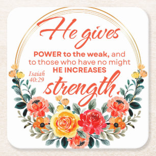 Porta-copo De Papel Quadrado Isaiah 40:29 Ele dá ao poder Escritura Floral Verm