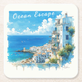 Porta-copo De Papel Quadrado Italian Seaside Town Watercolor Ocean Escape