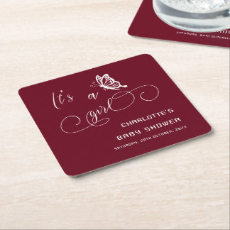 Porta-copo De Papel Quadrado It's A Girl Modern Minimal Butterfly Baby Shower