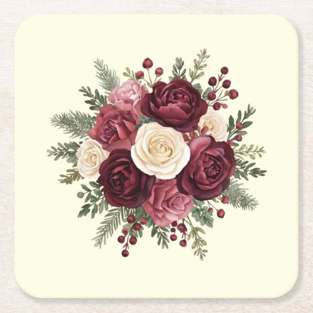 Porta-copo De Papel Quadrado Ivory and Burgundy Floral Wedding  (Frente)