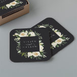 Porta-copo De Papel Quadrado Ivory Bloom | Casamento de quadro floral personali<br><div class="desc">A nossa coleção de casamentos florais de coloração d'água de Ivory Bloom apresenta um quadro de cor d'água delicadamente pintado,  folhagem de eucalipto,  folhagem botânica verde e flores de pénia branca e marfim. Personalize essas portas copos personalizadas com seus nomes,  unidas por um sotaque de script decorativo.</div>