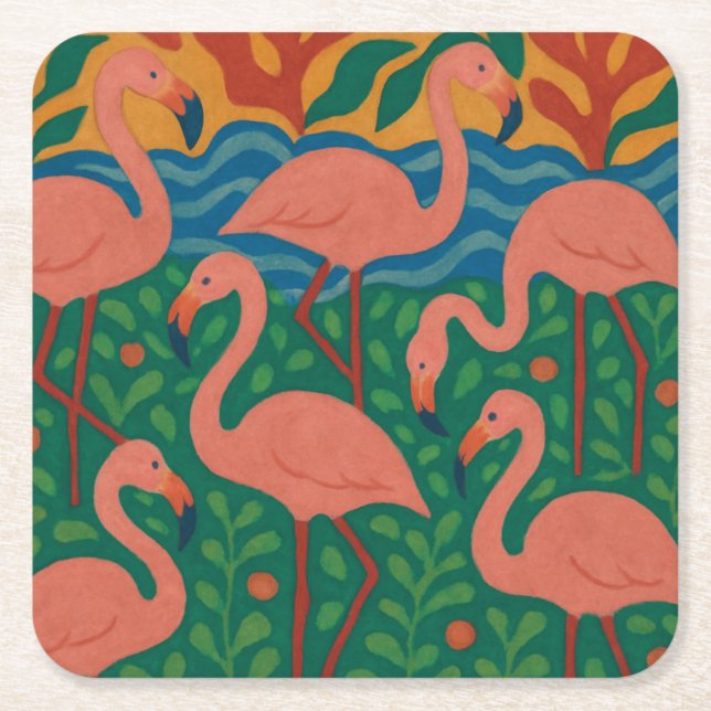 Porta-copo De Papel Quadrado Jardim de Flamingos (Frente)