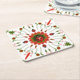 Porta-copo De Papel Quadrado Joaninha-do-Natal Vermelha Verde Branca