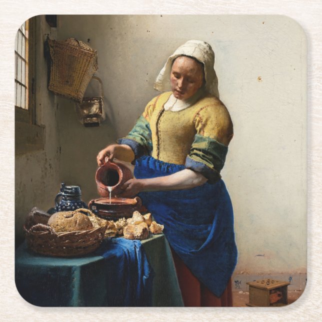 Porta-copo De Papel Quadrado Johannes Vermeer - A Milkmaid (Frente)