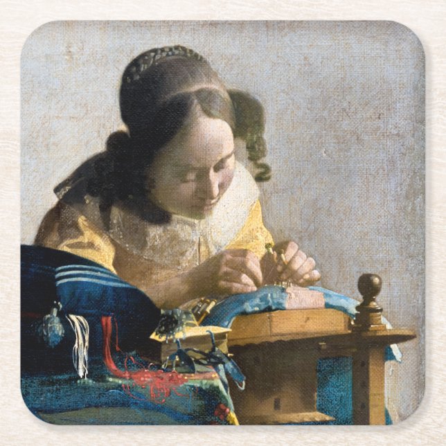 Porta-copo De Papel Quadrado Johannes Vermeer - O Lacemaker (Frente)