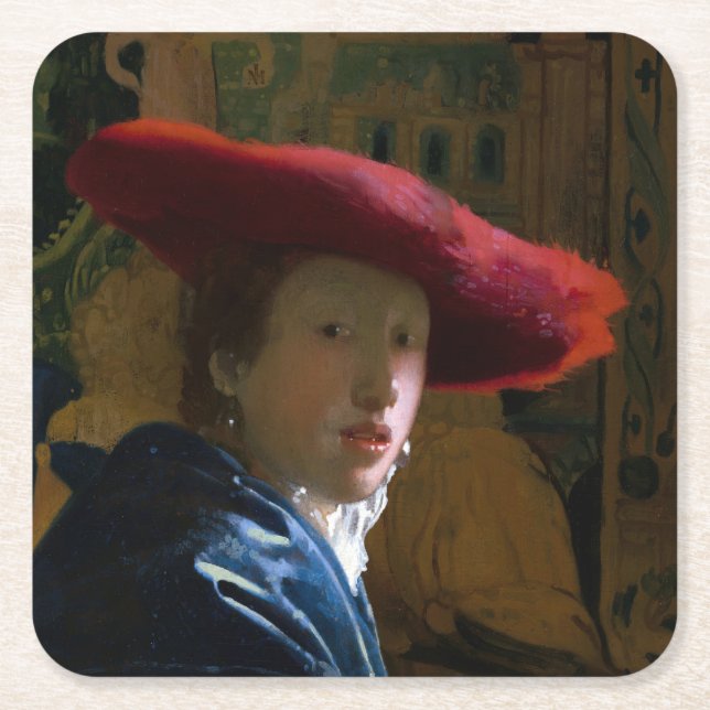 Porta-copo De Papel Quadrado Johannes Vermeer - Rapariga com Chapéu Vermelho (Frente)