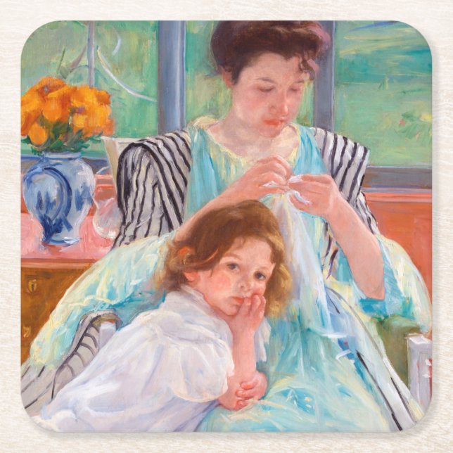 Porta-copo De Papel Quadrado Jovem Mãe Costurando, Mary Cassatt (Frente)