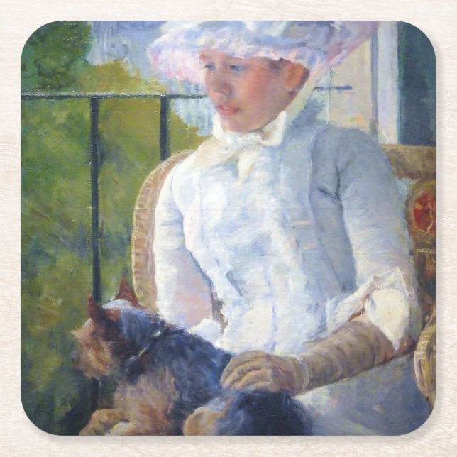 Porta-copo De Papel Quadrado Jovem Menina e Seu Cachorro, Mary Cassatt (Frente)