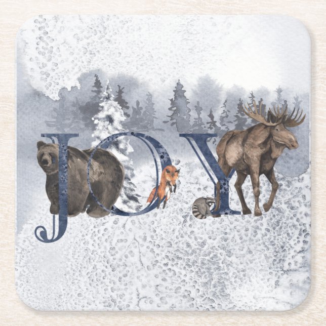 Porta-copo De Papel Quadrado Joy Woodland Animal Winter Snow Holiday (Frente)