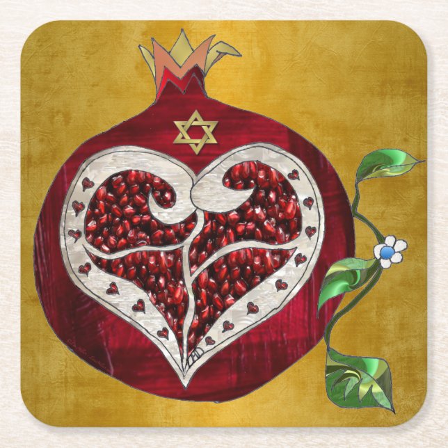 Porta-copo De Papel Quadrado Judaica Pomegranate Heart Hanukkah Rosh Hashanah (Frente)