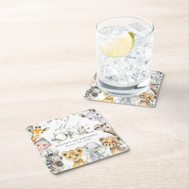 Porta-copo De Papel Quadrado Jungle Animals, Safari, Wild One, First Birthday (Insitu)