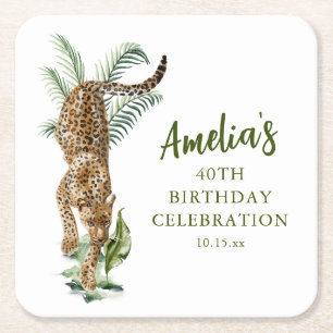 Porta-copo De Papel Quadrado Jungle Leopard Aquarela Nome Festa de Aniversário