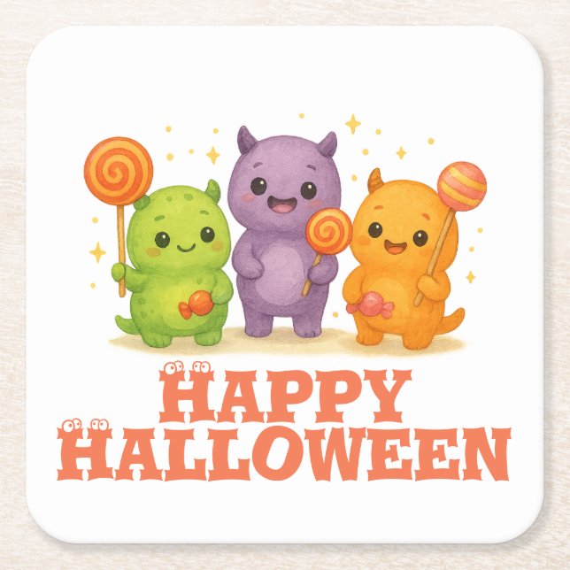 Porta-copo De Papel Quadrado Kawaii Monsters & Lollipops Halloween (Frente)