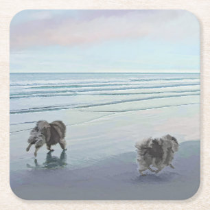 Porta-copo De Papel Quadrado Keeshonds na Arte de Cão de Pintura na costa