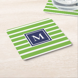 Porta-copo De Papel Quadrado Kelly Green Stripe Moderno Monograma Praia Costeir