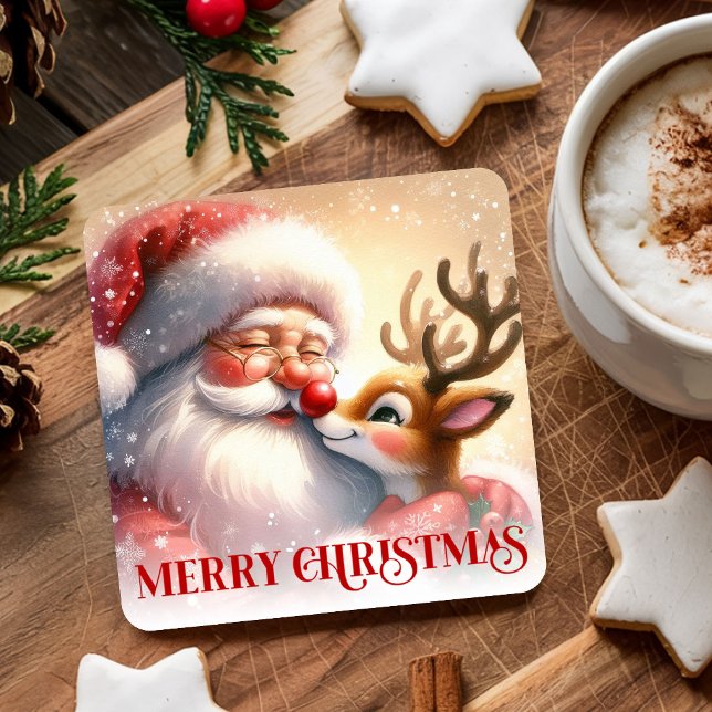 Porta-copo De Papel Quadrado Kids Christmas Paper Coasters Santa Claus Rudolph (Kids Christmas Paper Coasters Santa Claus Rudolph)