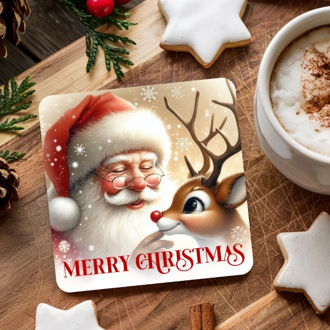 Porta-copo De Papel Quadrado Kids Santa Rudolph Cute Christmas Paper Coaster   (Kids Santa Rudolph Cute Christmas Paper Coaster Art)