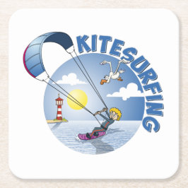Porta-copo De Papel Quadrado Kite surfing blue illustration.
