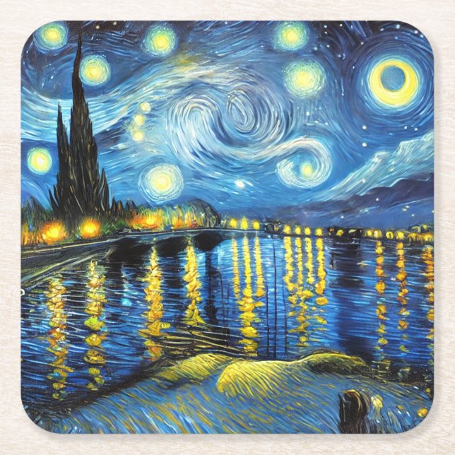 Porta-copo De Papel Quadrado La Noche Estrellada (Vincent van Gogh) (Frente)