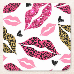 Porta-copo De Papel Quadrado Lábios reluzentes: Padrão de Moda Leopardo