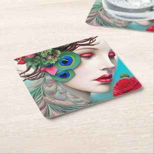 Porta-copo De Papel Quadrado Lábios vermelhos e Rosa de Peacock