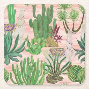 Porta-copo De Papel Quadrado Lamas de aquarelas e cactos.