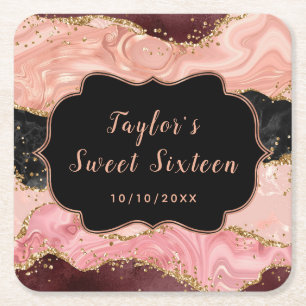 Porta-copo De Papel Quadrado Lantejoulas Pretas e Rosas Ágata Sweet Sixteen