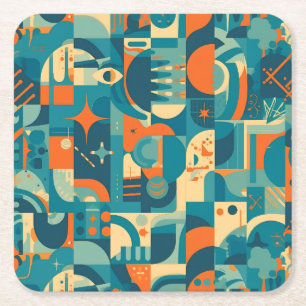Porta-copo De Papel Quadrado Laranja e Verde Geométrico Abstrato