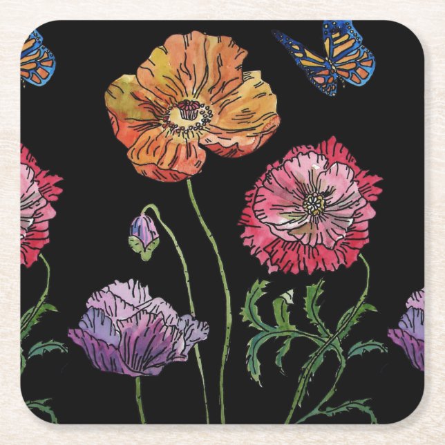 Porta-copo De Papel Quadrado Laranja Laranja Preto Pó Floral  (Frente)