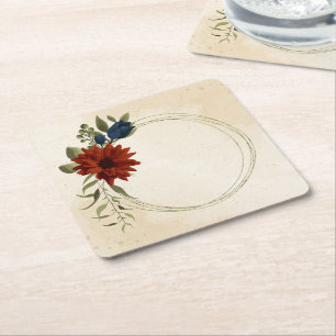 Porta-copo De Papel Quadrado laranja queimada e floral azul marinho
