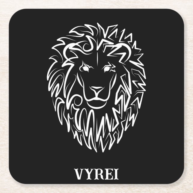 Porta-copo De Papel Quadrado Leão Tribal Negro e Branco (Frente)