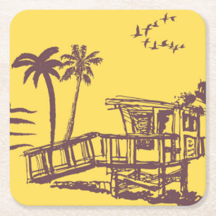 Porta-copo De Papel Quadrado Legal Vintage Yellow Tropical Beach Sketch