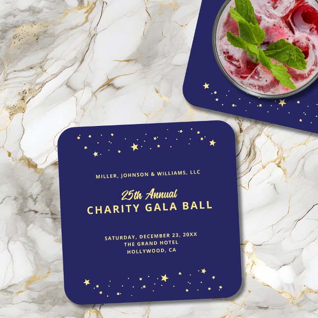 Porta-copo De Papel Quadrado Leilão Silencioso de Gala Stars Azul Elegante (Annual Charity Gala Ball Silent Auction Fundraiser paper coaster in navy blue with gold stars.)