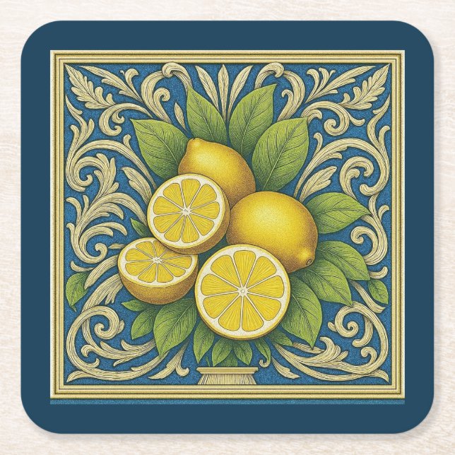 Porta-copo De Papel Quadrado Lemon Amalfi Blue Mediterranean Art Nouveau (Frente)